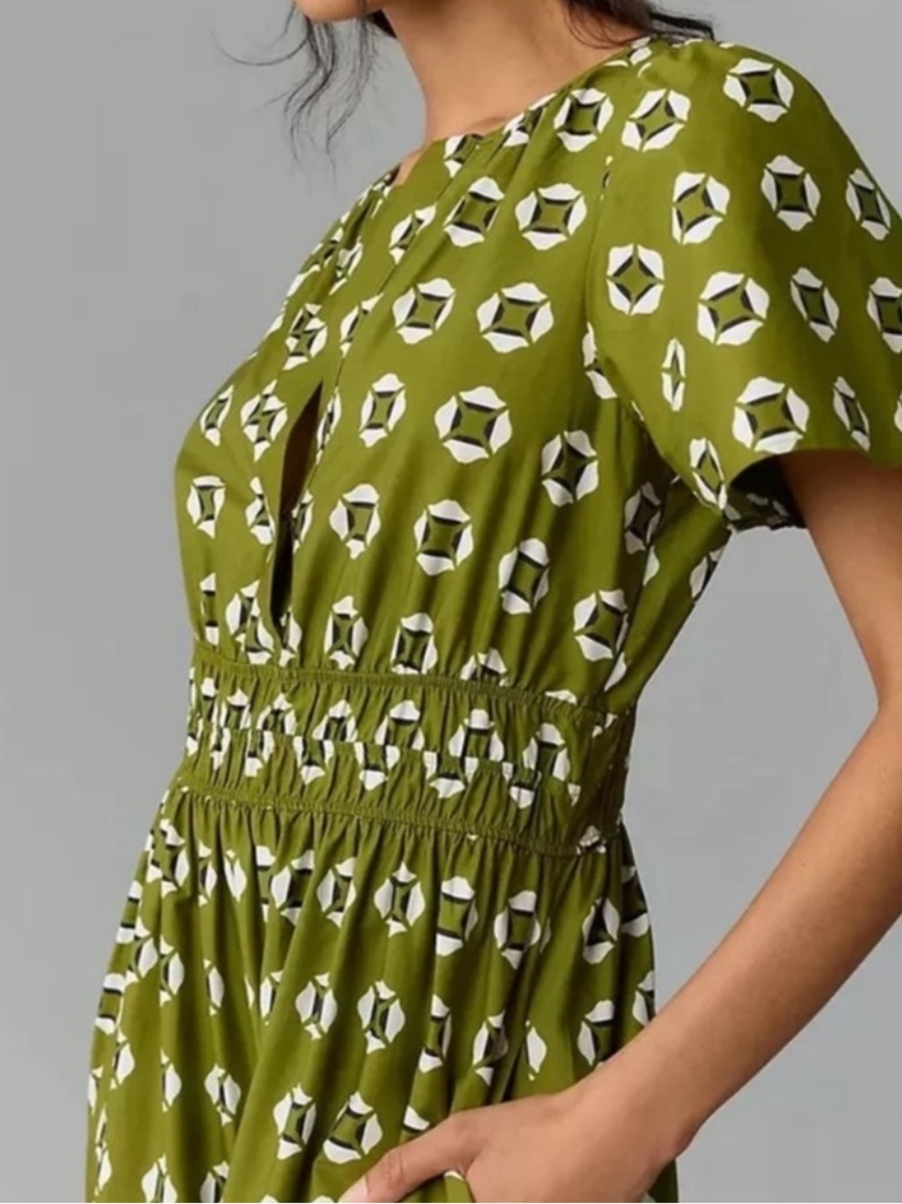 Anthropologie Somerset Olive Green Geometric Tiered Maxi Dress Sz L Cotton - Picture 3 of 15